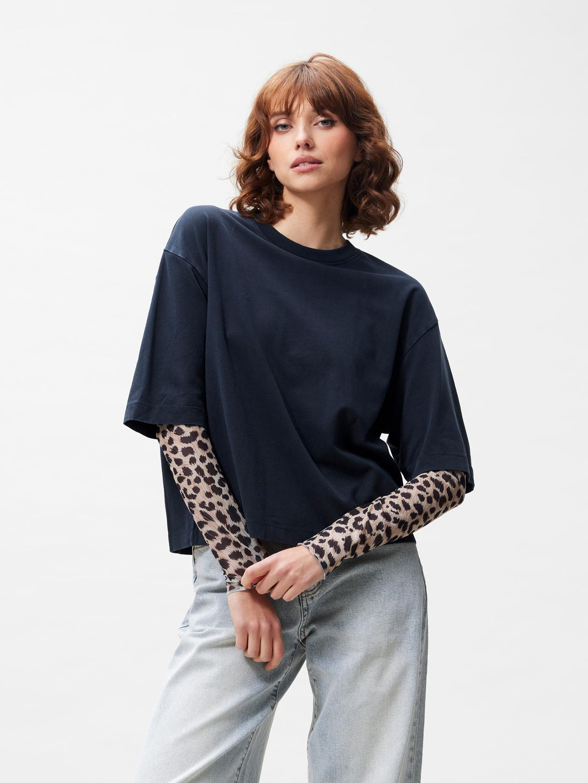 T-shirt Loose Fit With Mesh Sleeves - Dark Grey Leopard