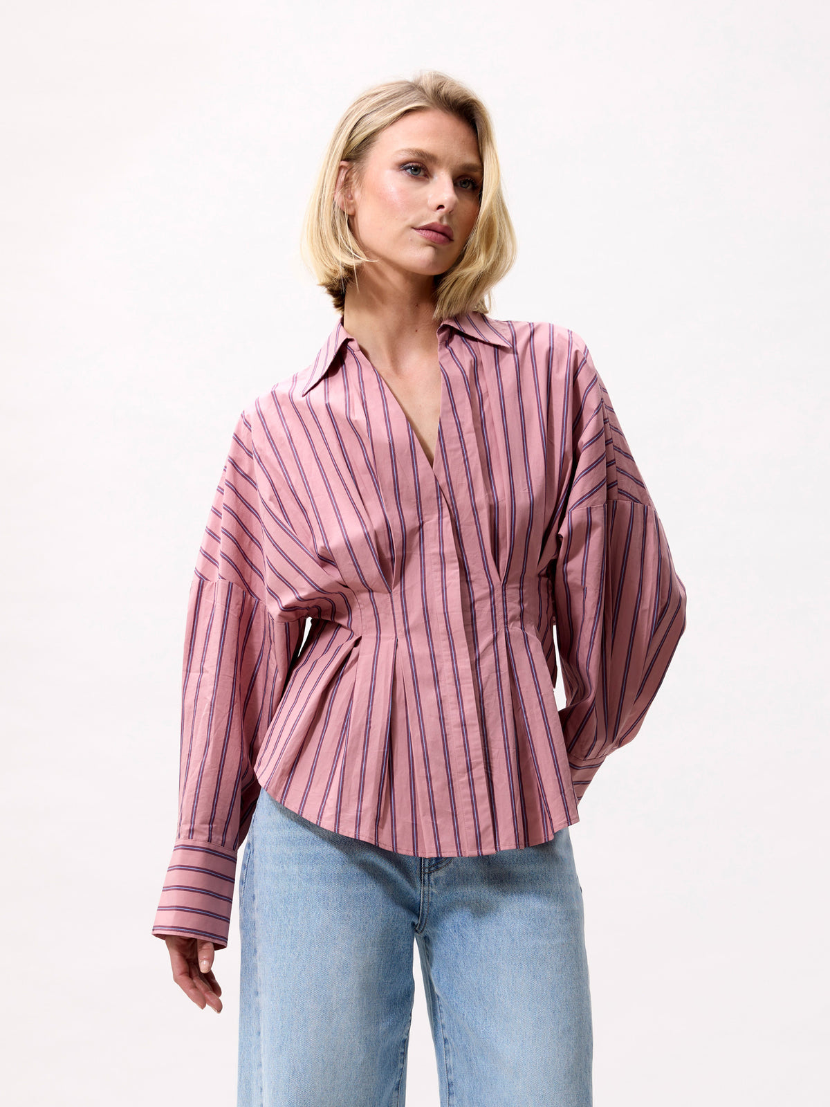 Blouse With Waist Pleats - pink sky
