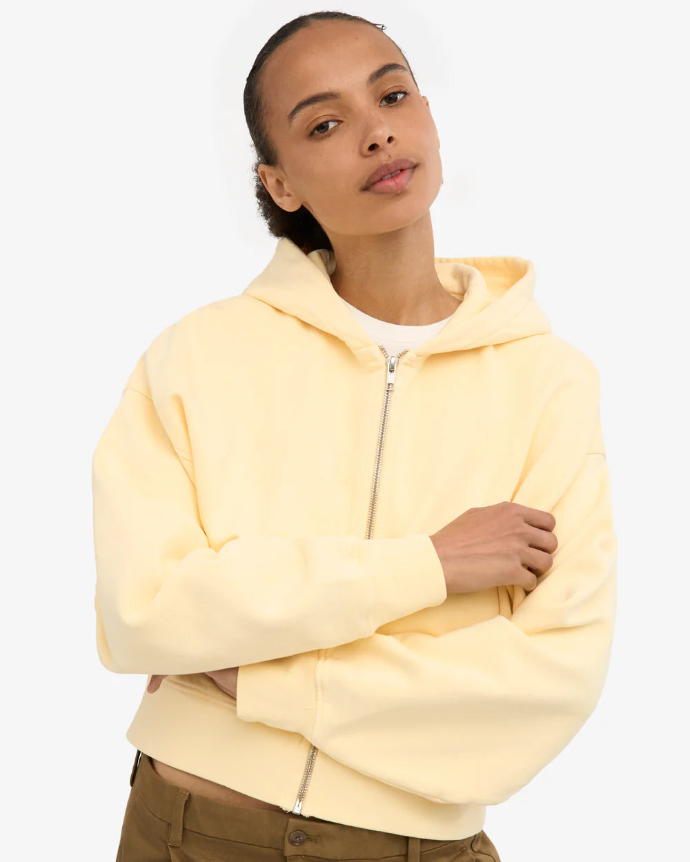 Sweater Organic Crop Zip Hood - soft yellow