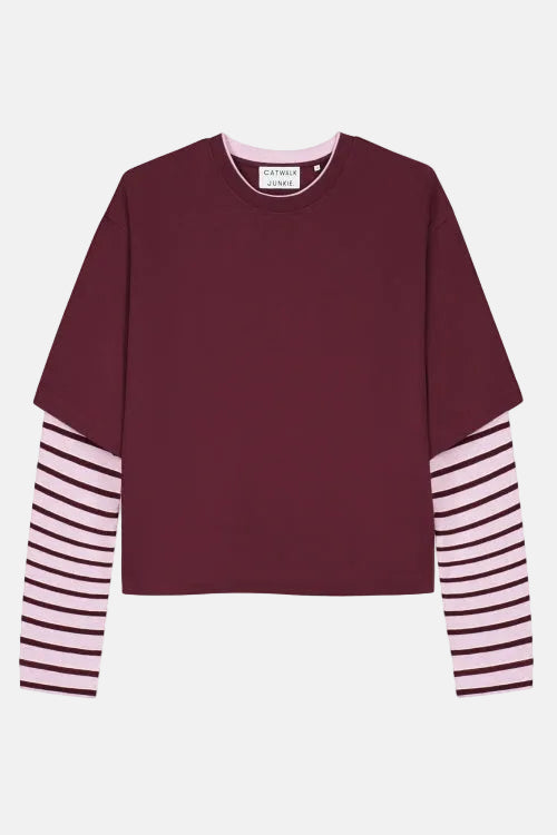 T-shirt Loose Fit With Striped Sleeves - merlot