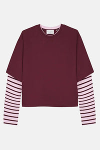 T-shirt Loose Fit With Striped Sleeves - merlot
