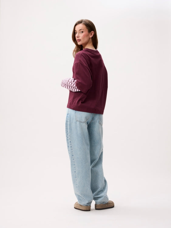 T-shirt Loose Fit With Striped Sleeves - merlot