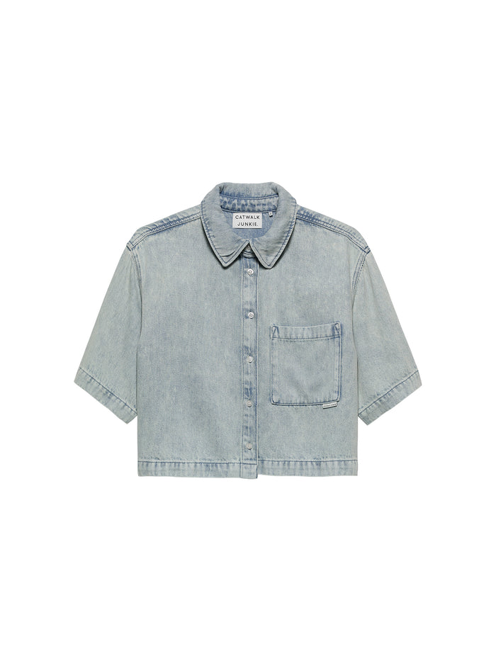 Blouse Short Sleeve Denim - lichtblauw