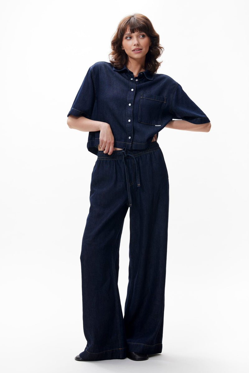 Blouse Short Sleeve Denim - donkerblauw