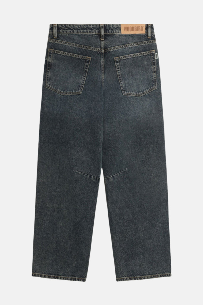 Dark grey jeans on a light gray background