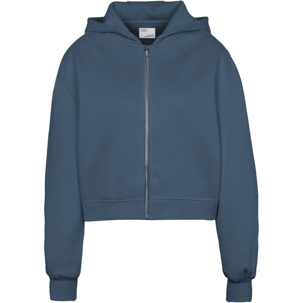 Sweater Organic Crop Zip Hood - petrol blue