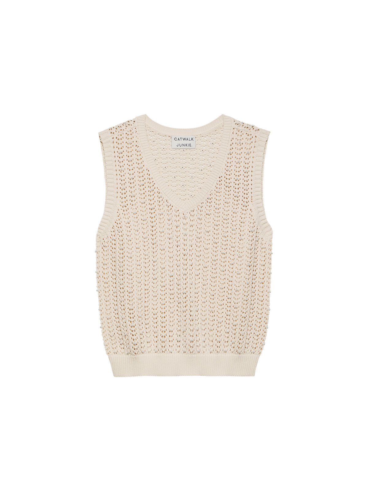Top Ajour Knitted Pearl Stud Vest - crème