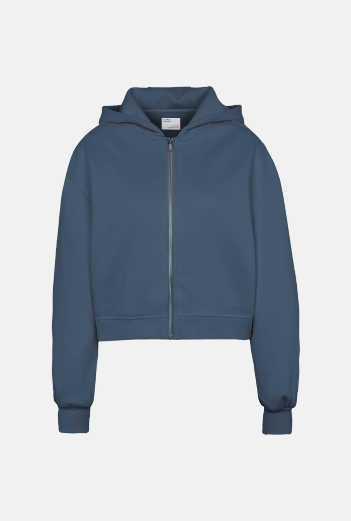 Sweater Organic Crop Zip Hood - petrol blue